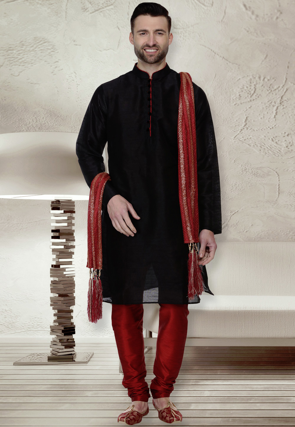 Black Dupion Silk Readymade Kurta Pajama 160945