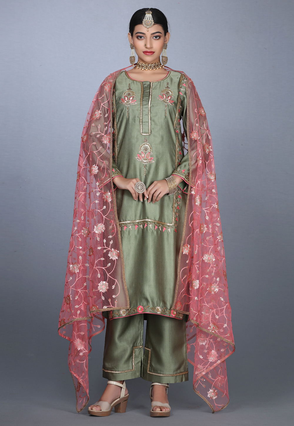 Green Art Silk Handwork Kameez With Palazzo 240153