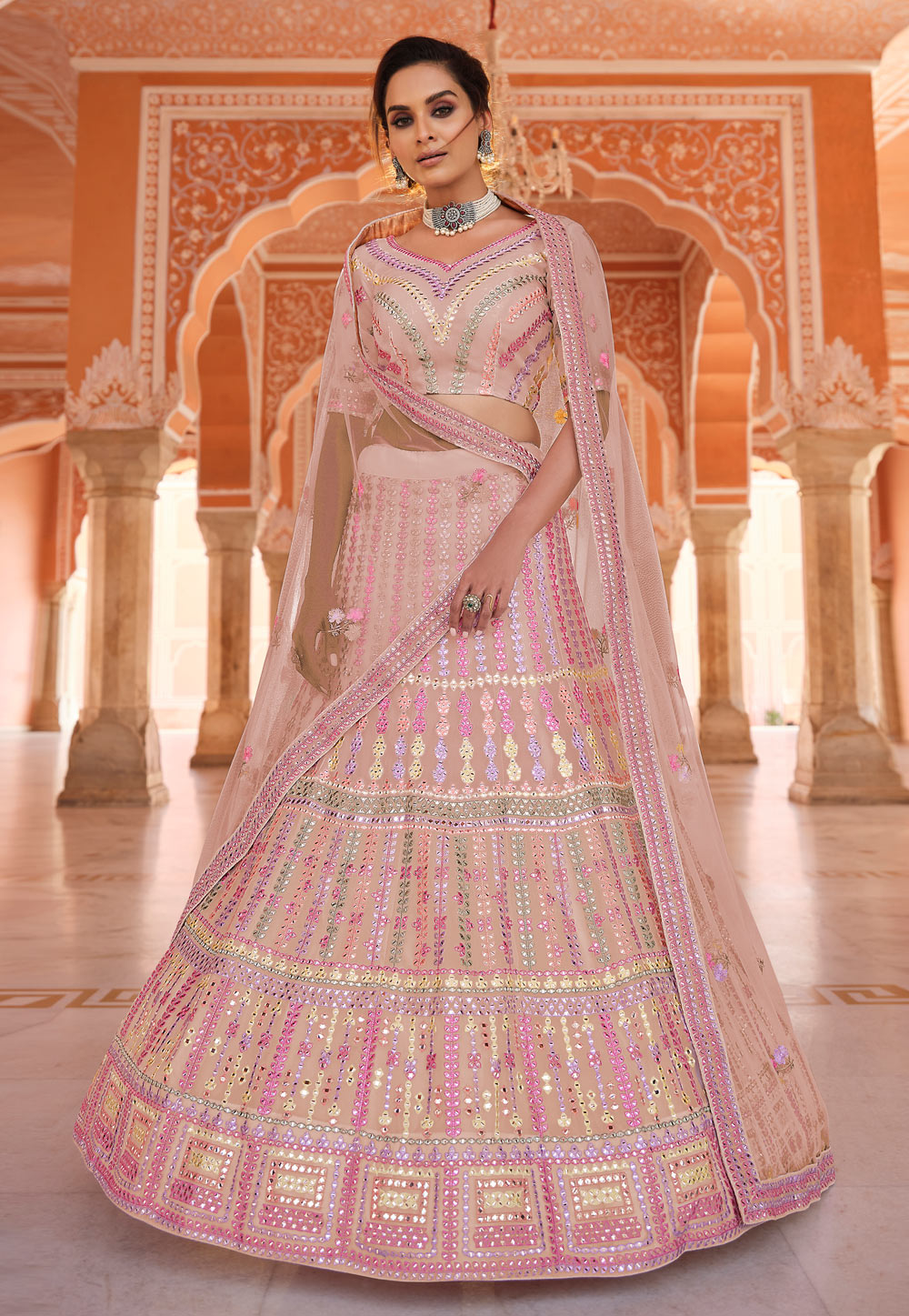 Peach Organza A Line Lehenga Choli 239507