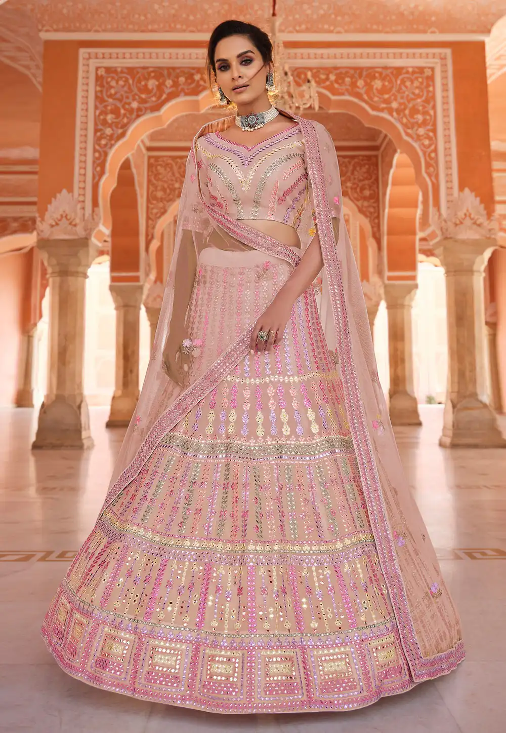 Peach Organza A Line Lehenga Choli 239507