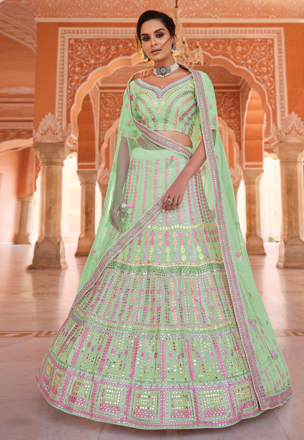 Pista Green Organza A Line Lehenga Choli 239509