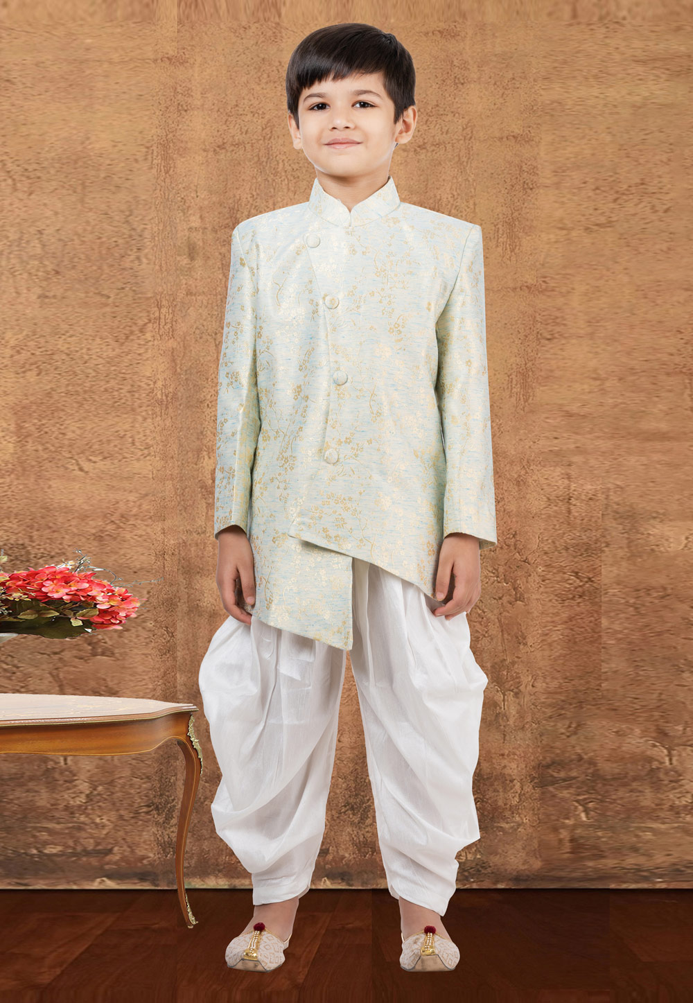 Off White Jacquard Silk Kids Indo Western Suit 265228