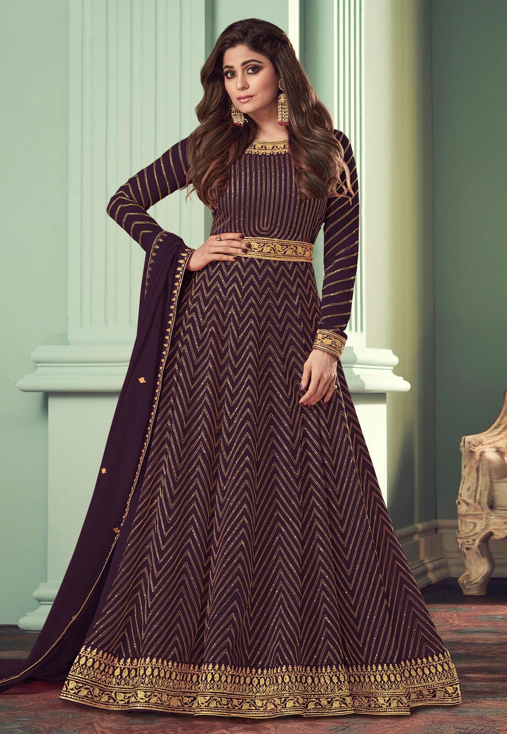 Shamita Shetty Purple Georgette Long Anarkali Suit 238344