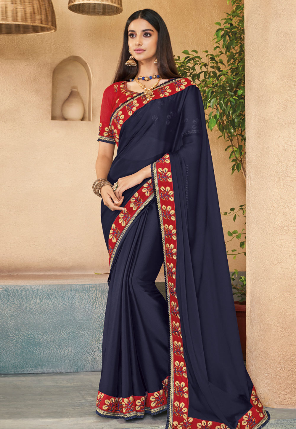 Navy Blue Silk Saree With Blouse 191539