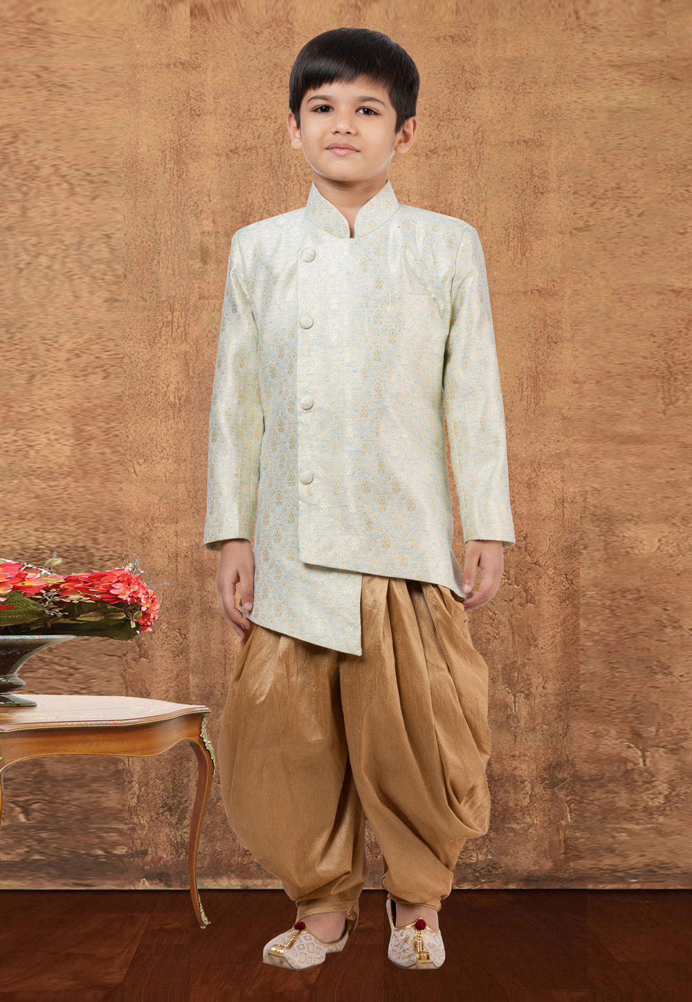 Off White Jacquard Silk Kids Indo Western Suit 265230