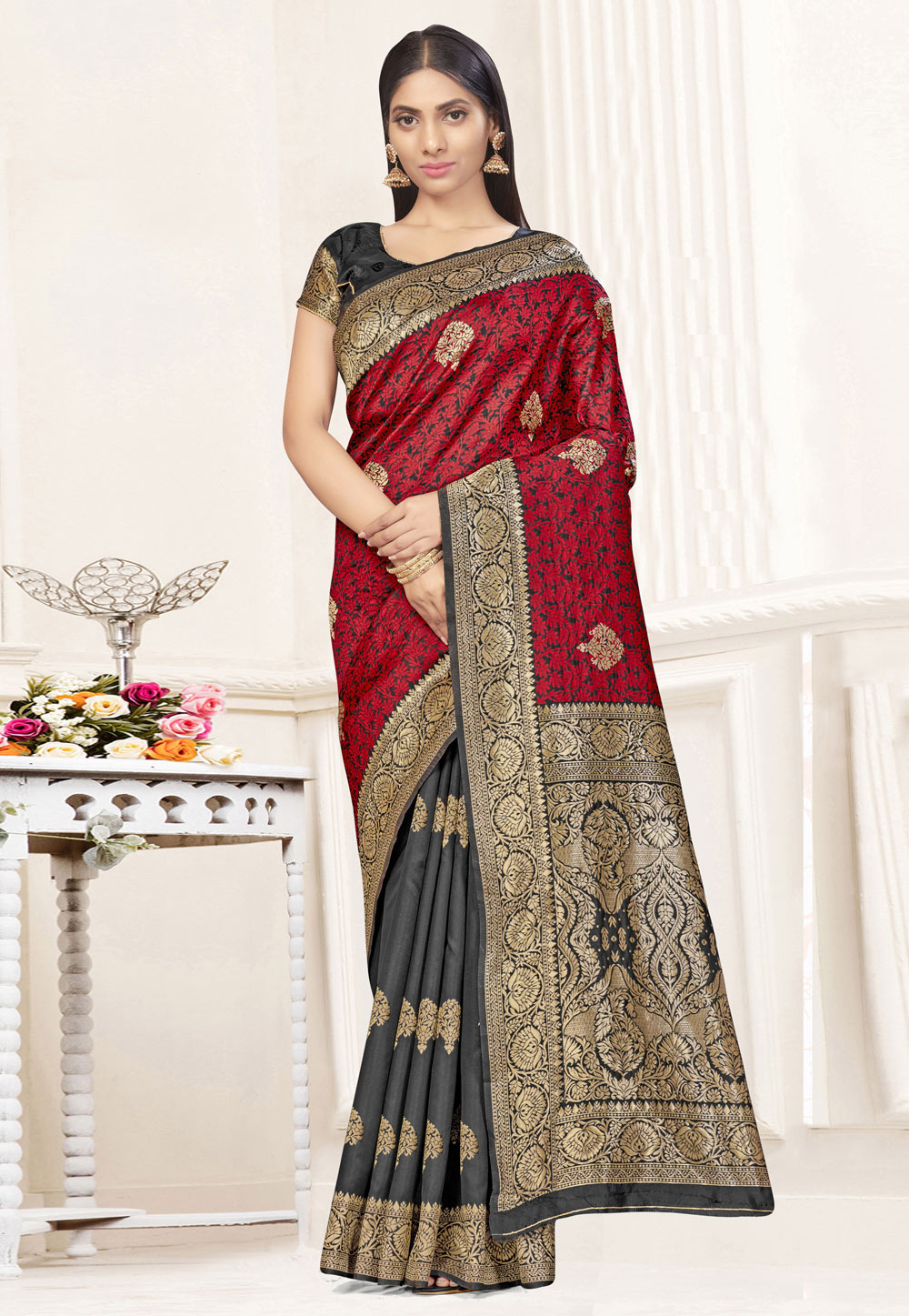 Red Banarasi Silk Half N Half Saree 236342