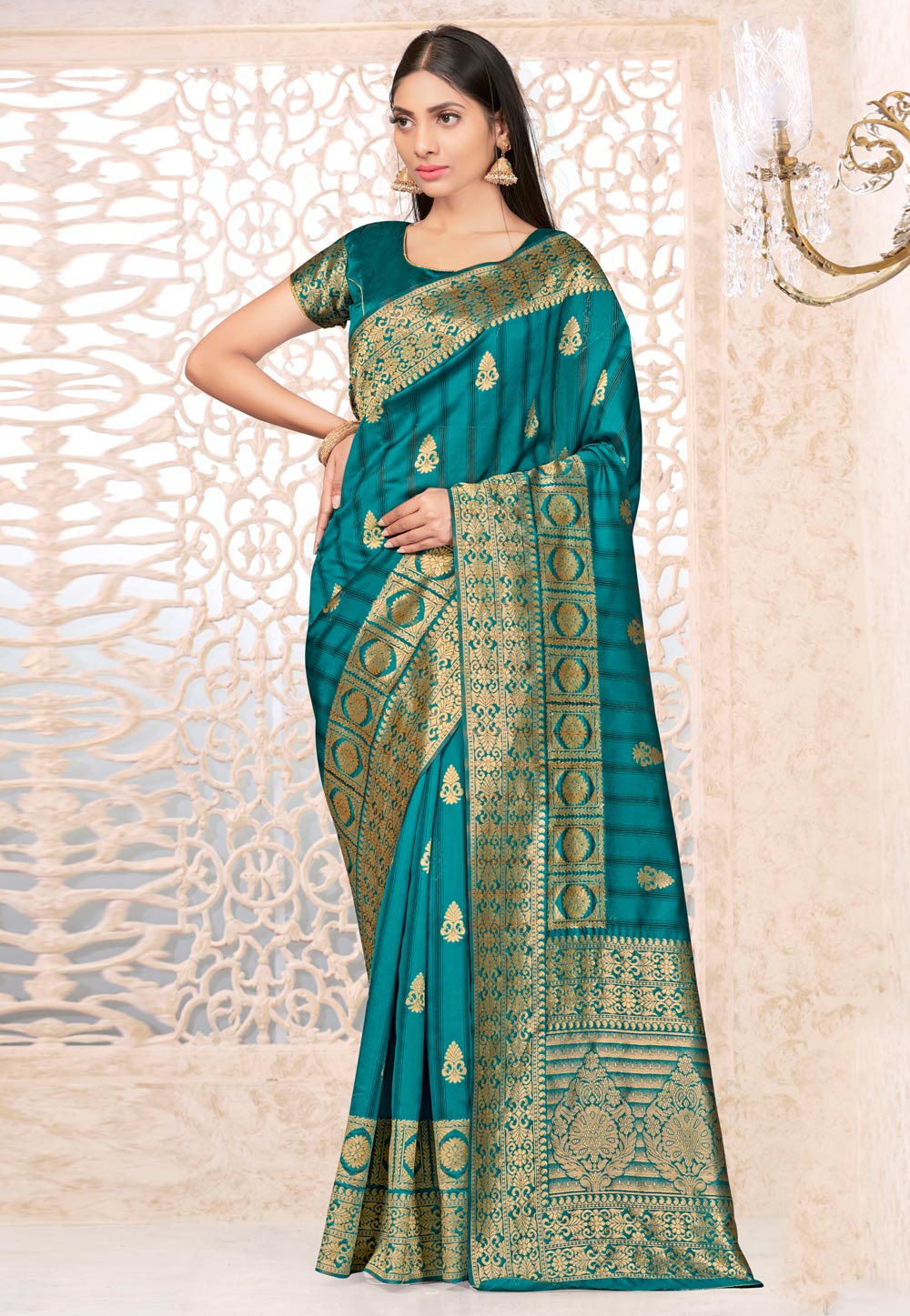 Teal Banarasi Silk Saree With Blouse 236344