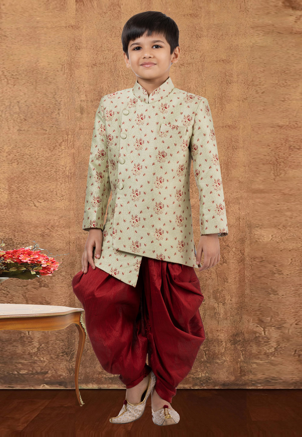 Pista Green Jacquard Silk Kids Indo Western Suit 265232