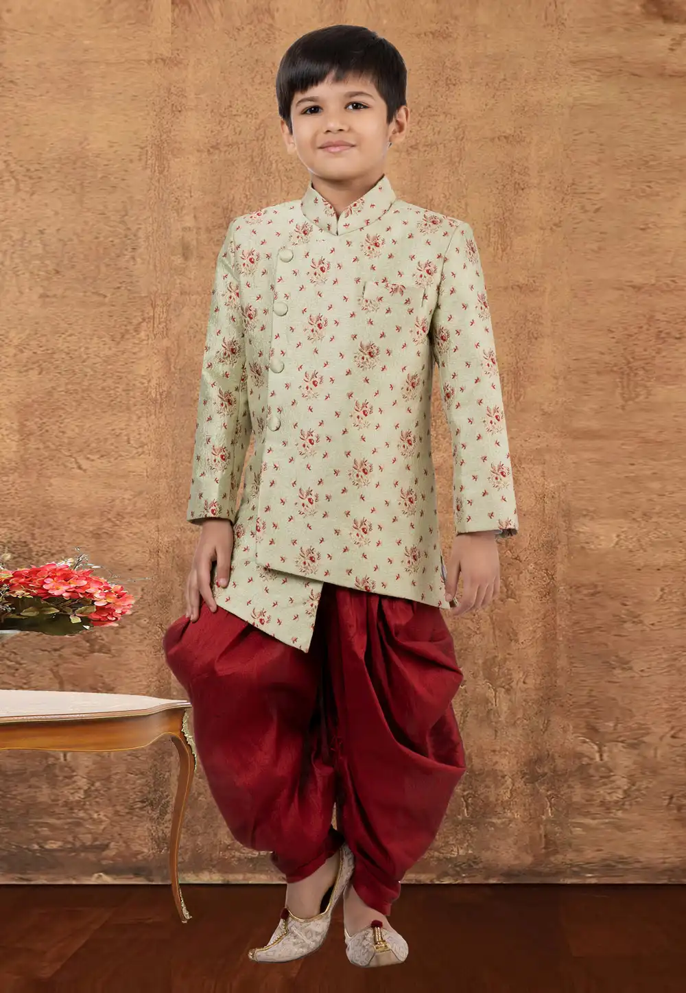 Pista Green Jacquard Silk Kids Indo Western Suit 265232