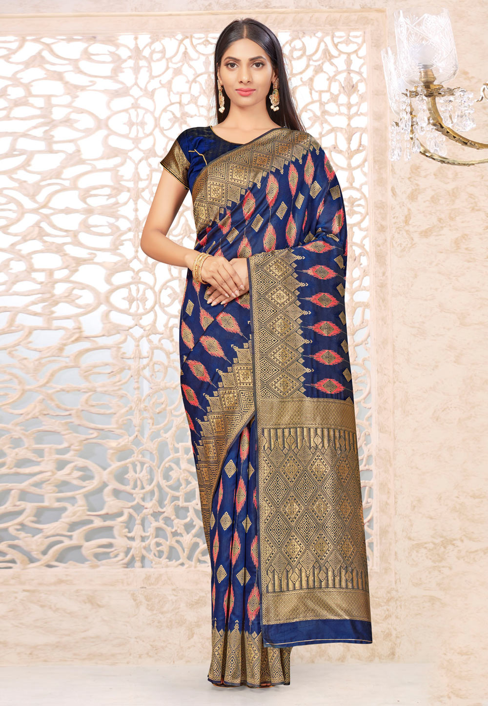 Navy Blue Banarasi Silk Saree With Blouse 226034