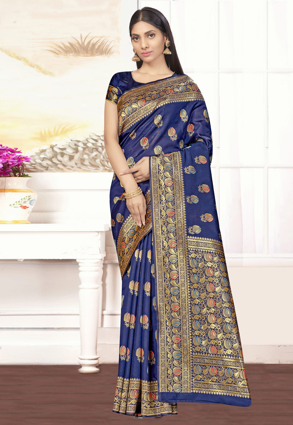 Navy Blue Banarasi Silk Saree With Blouse 226037