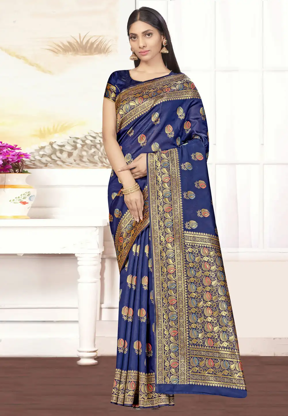 Navy Blue Banarasi Silk Saree With Blouse 226037
