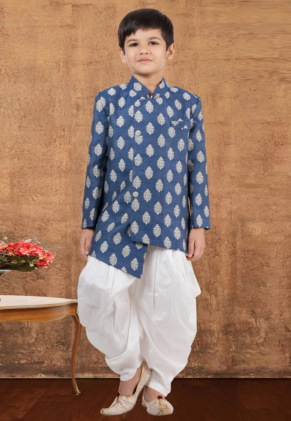 Blue Jacquard Silk Kids Indo Western Suit 265234