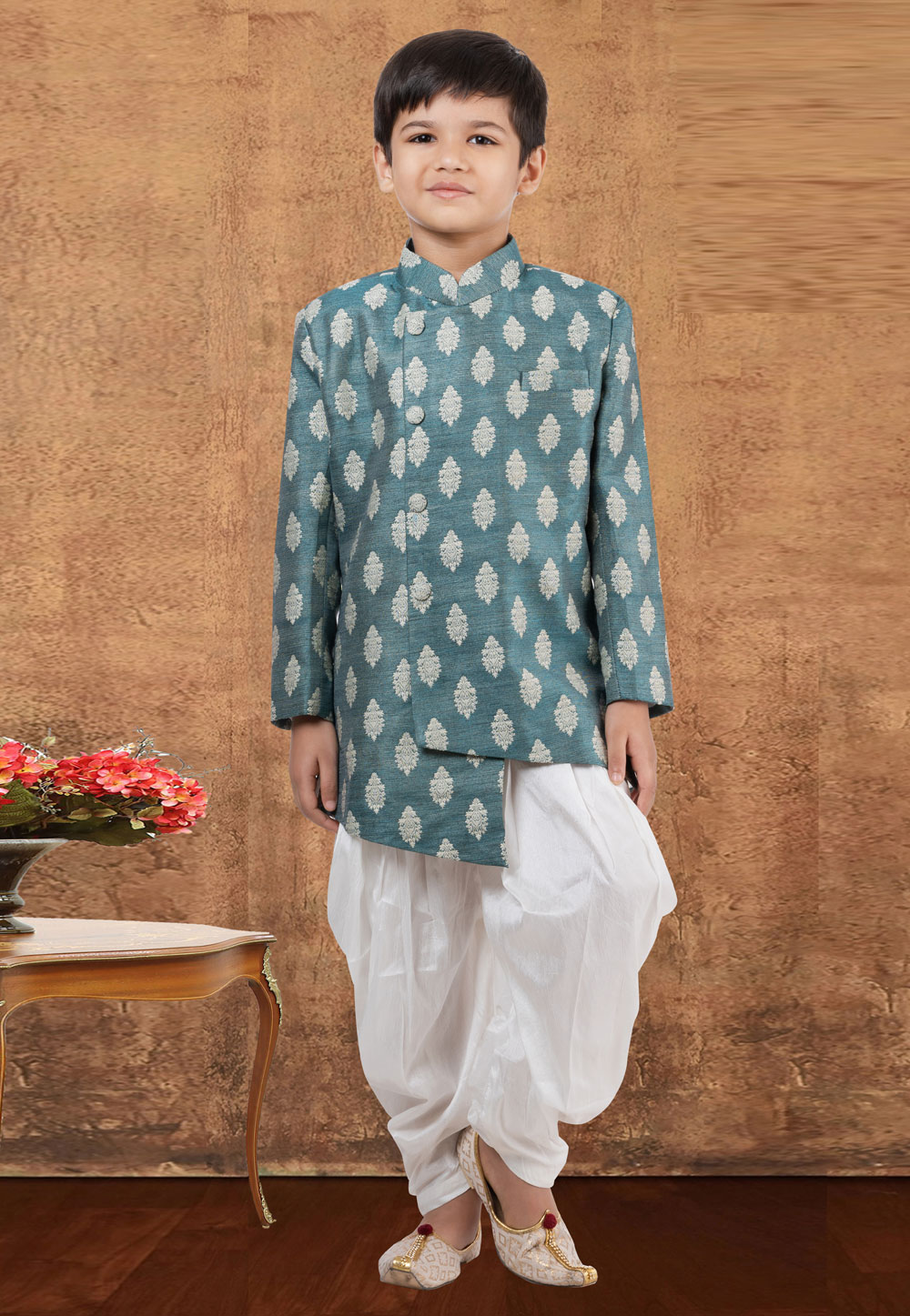 Teal Jacquard Silk Kids Indo Western Suit 265236