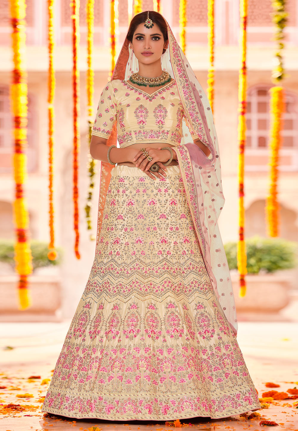 Cream Crepe A Line Lehenga Choli 238354