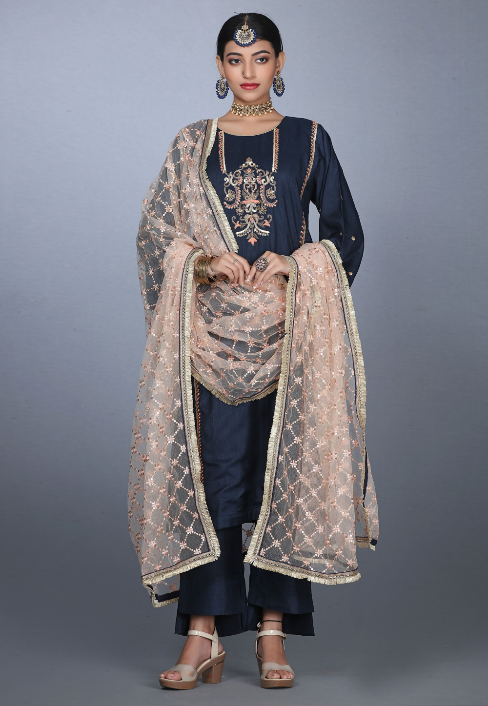 Navy Blue Art Silk Handwork Palazzo Suit 240154