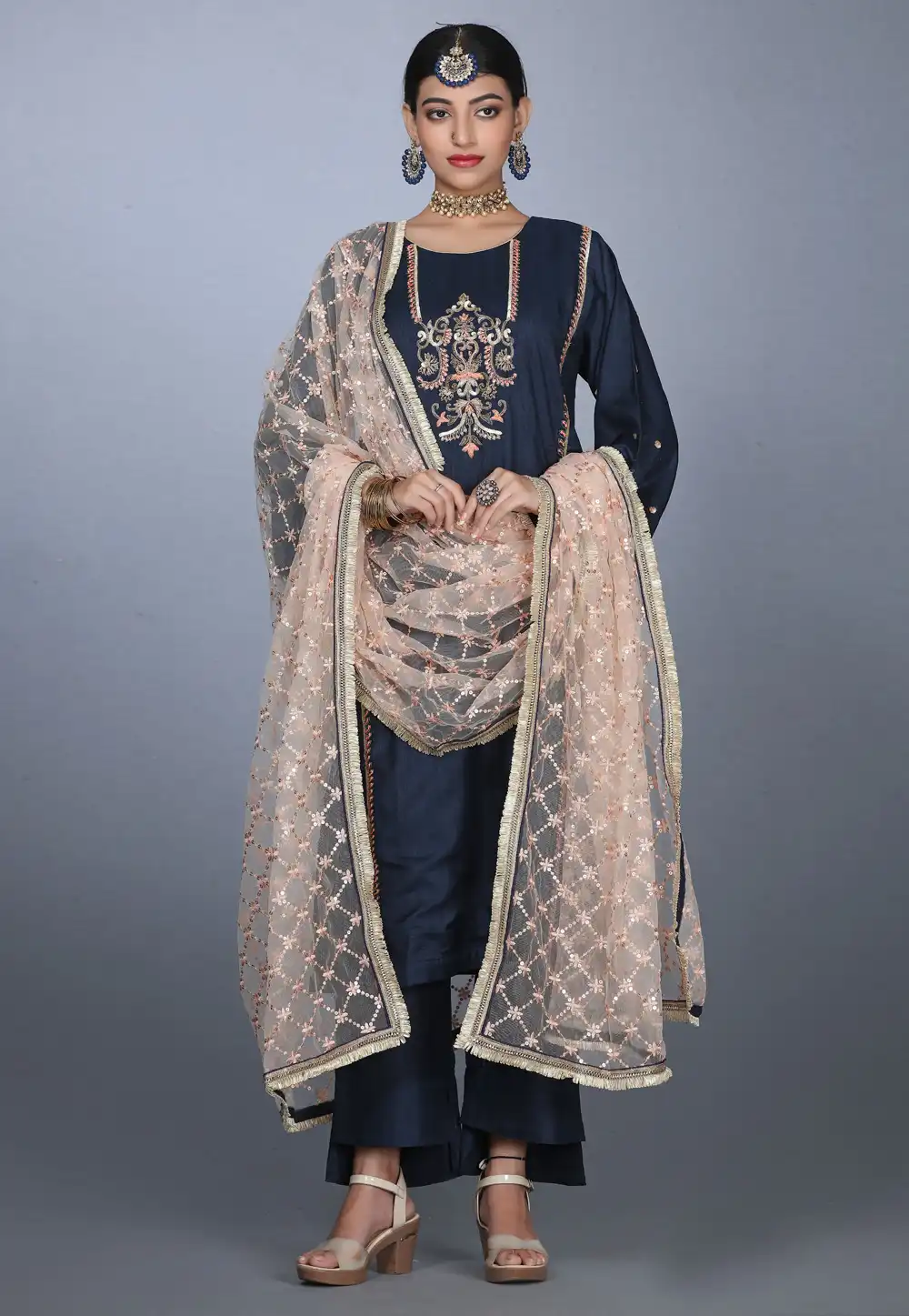 Navy Blue Art Silk Handwork Palazzo Suit 240154