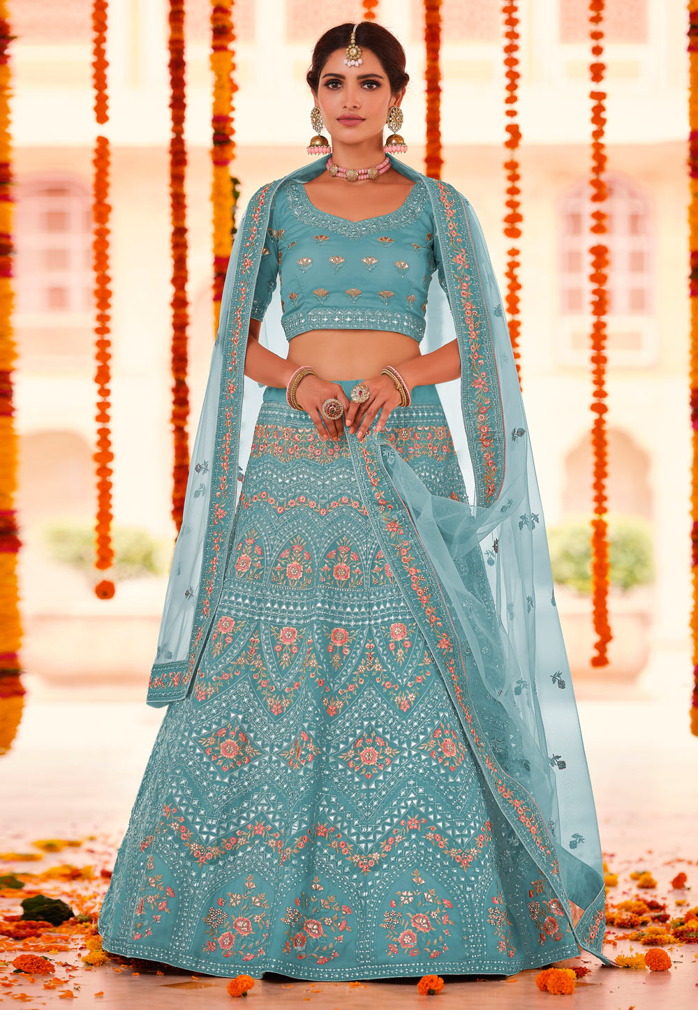 Sky Blue Organza A Line Lehenga Choli 241253
