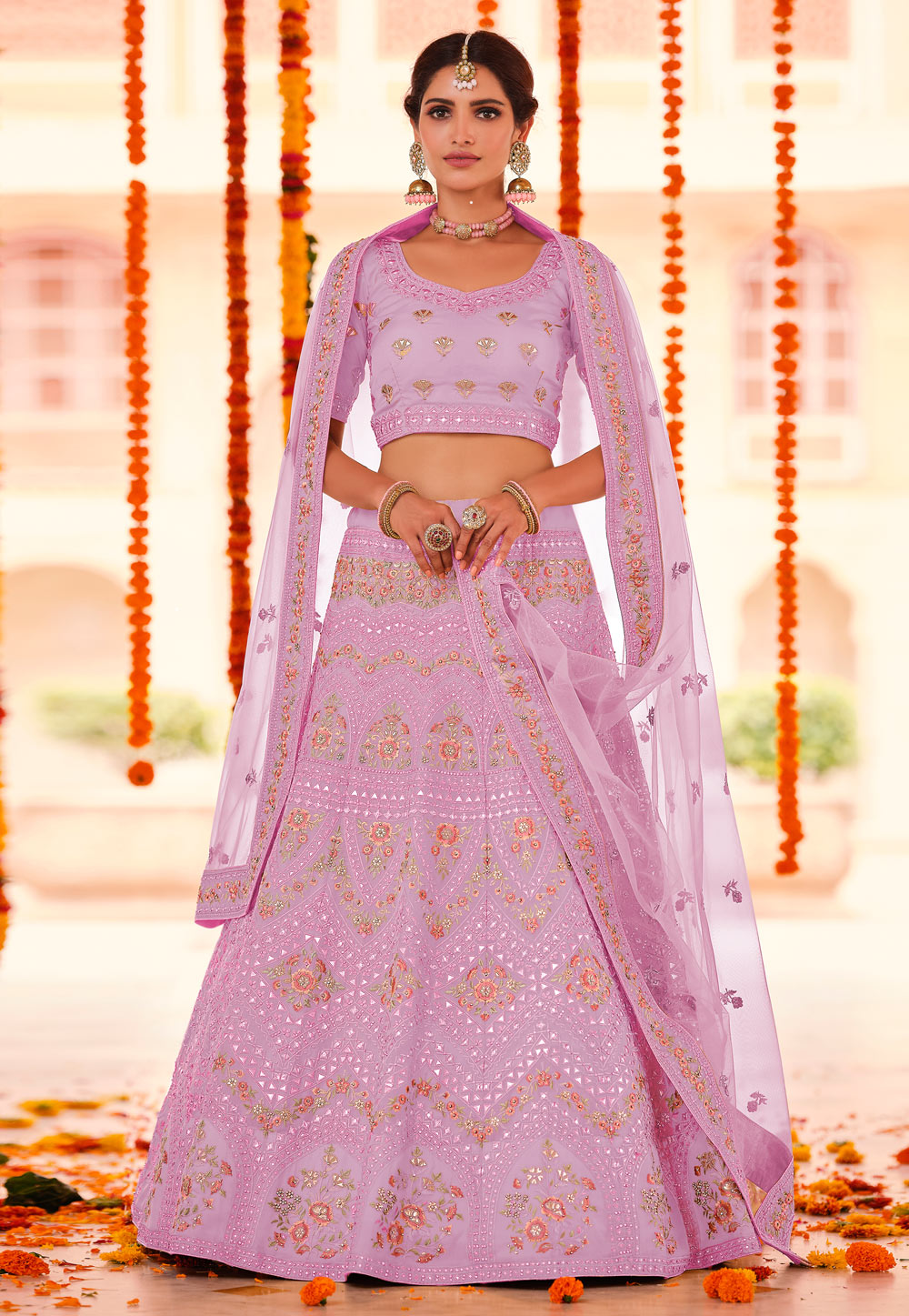 Pink Organza A Line Lehenga Choli 241254