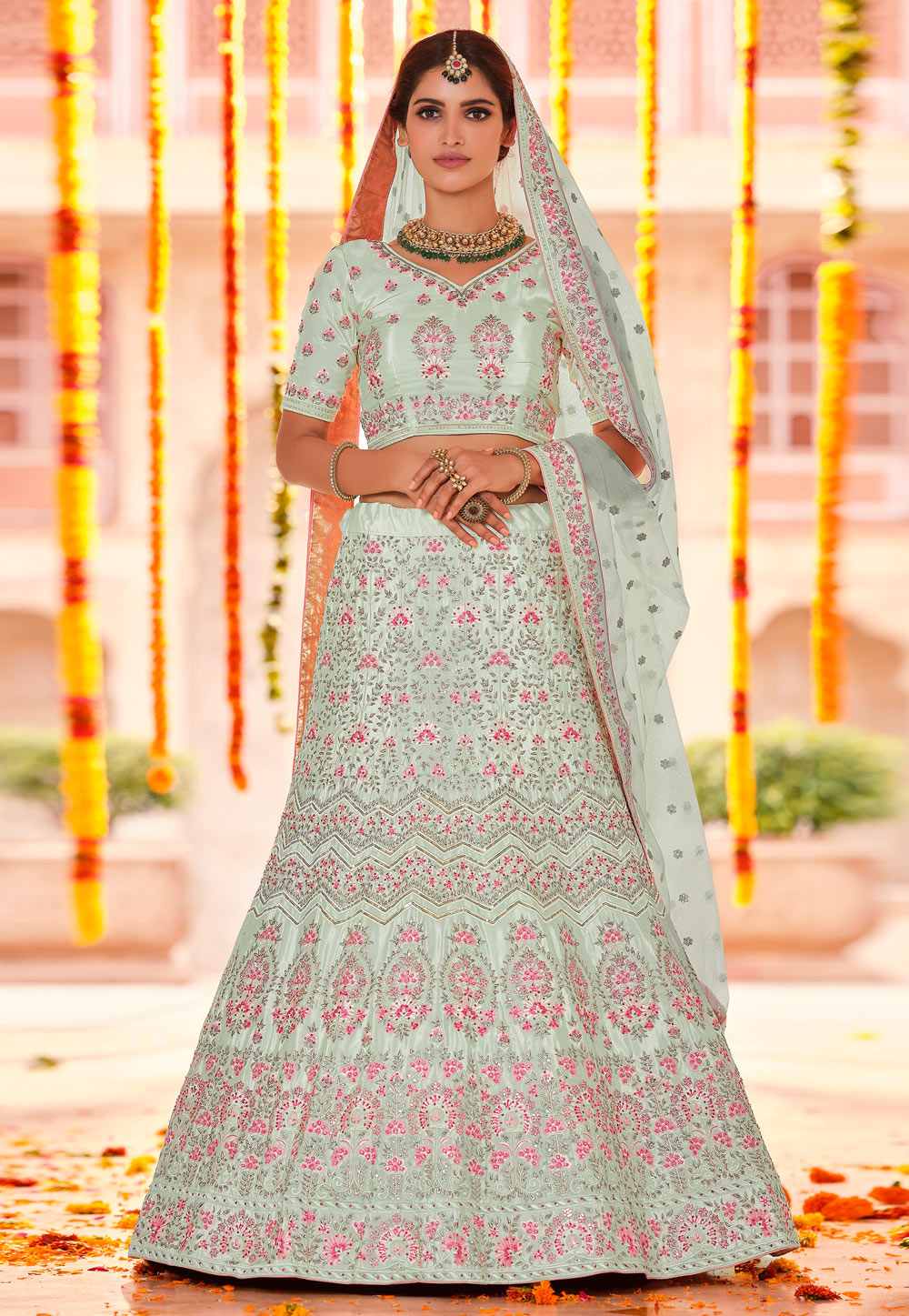 Pista Green Crepe A Line Lehenga Choli 241255