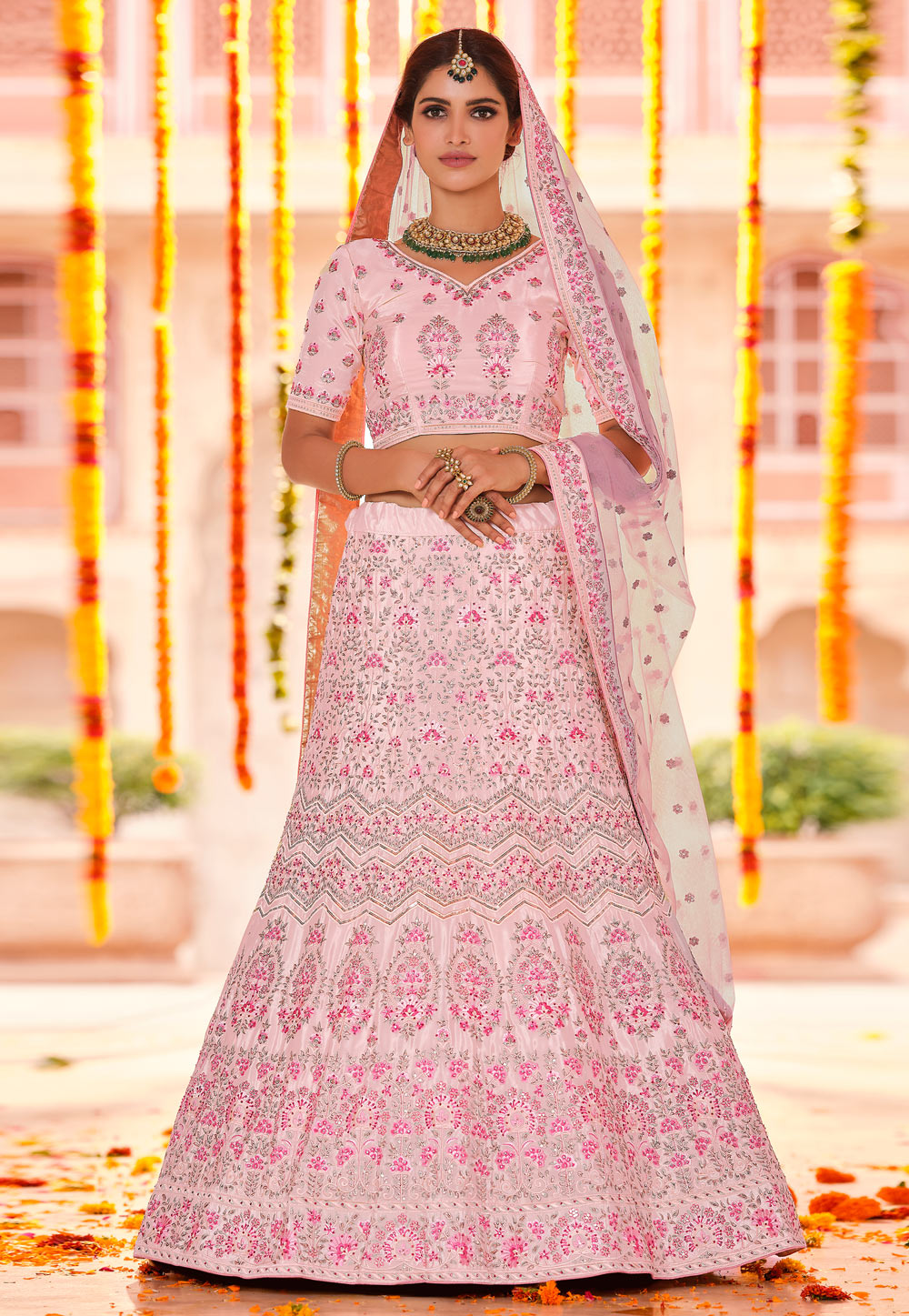 Pink Crepe A Line Lehenga Choli 241256