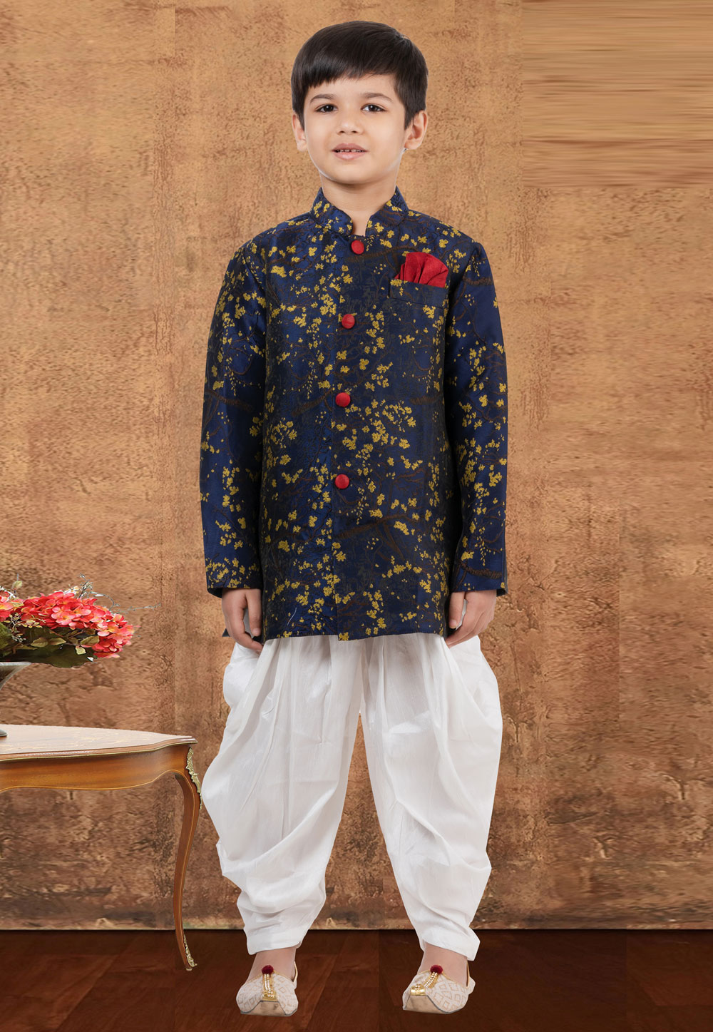 Navy Blue Jacquard Silk Kids Indo Western Suit 265238