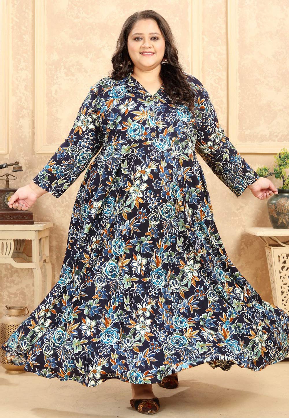 Navy Blue Rayon Printed Long Tunic 273893