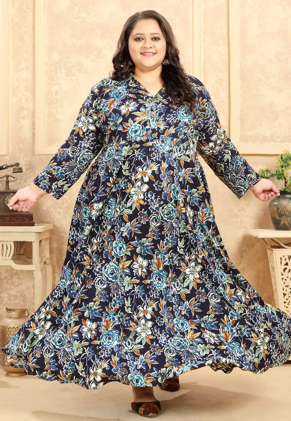 Navy Blue Rayon Printed Long Tunic 273893