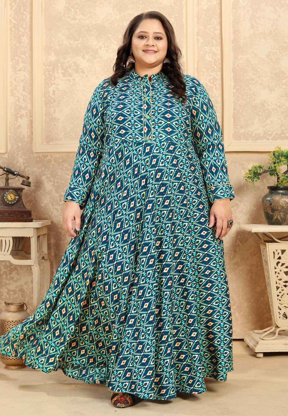 Teal Rayon Printed Long Kurti 274777