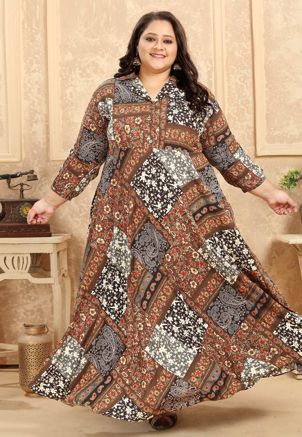Brown Rayon Printed Long Tunic 274778