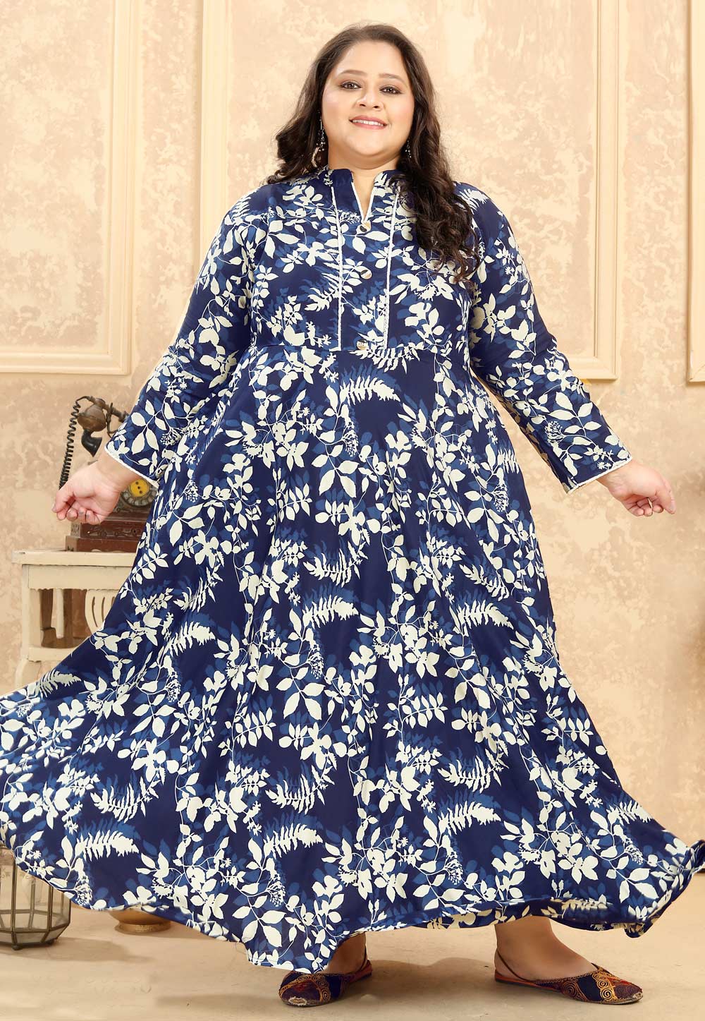 Navy Blue Rayon Printed Long Tunic 274780