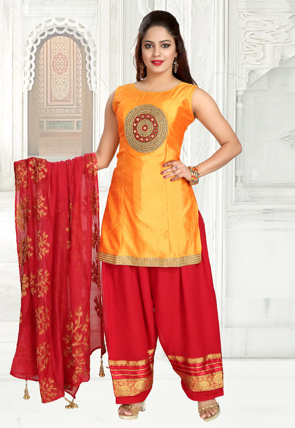 Yellow Art Silk Readymade Hand Work Punjabi Suit 194228