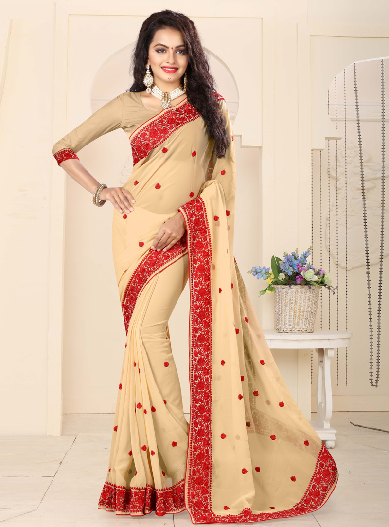 Beige Georgette Embroidery Work Saree 104292