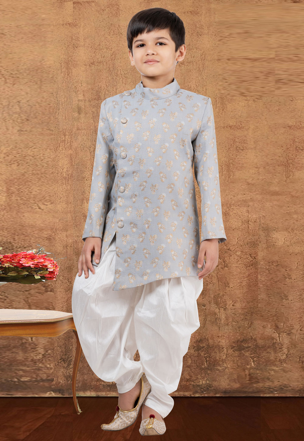 Grey Jacquard Silk Kids Indo Western Suit 265245