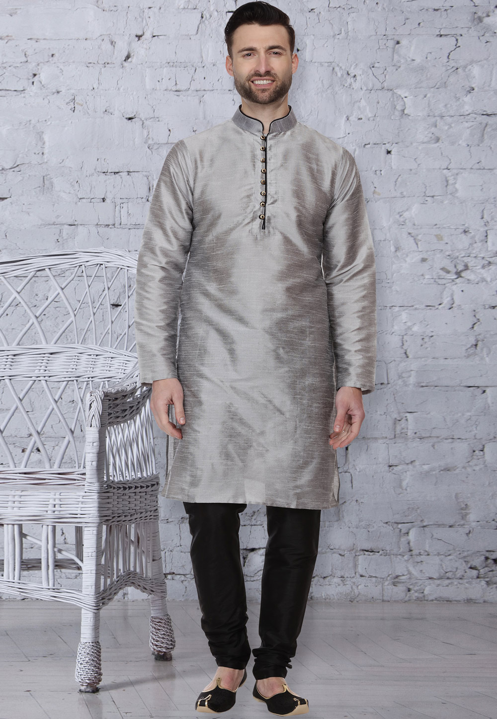 Grey Dupion Silk Readymade Kurta Pajama 160947
