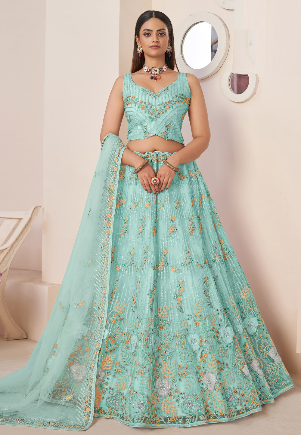 Sky Blue Net Sequin Lehenga Choli 272804