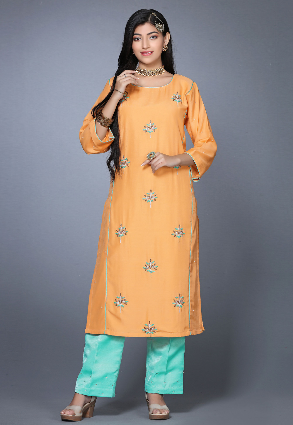 Orange Art Silk Handwork Kameez With Palazzo 240155
