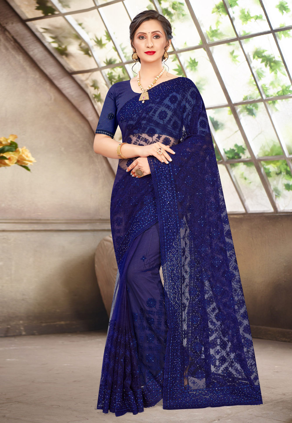 Blue Net Festival Wear Saree 228099