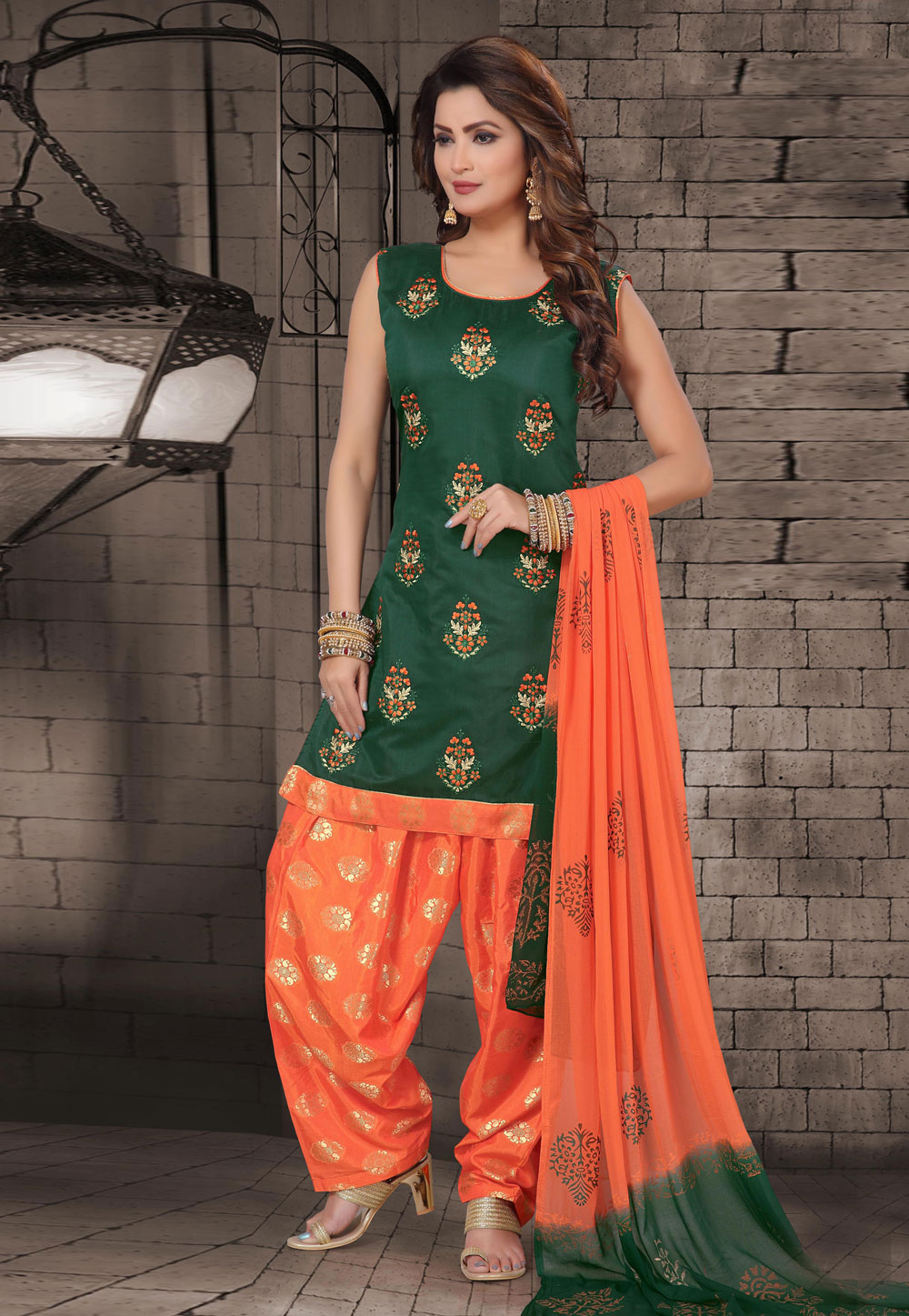 Green Chanderi Readymade Punjabi Suit 193655