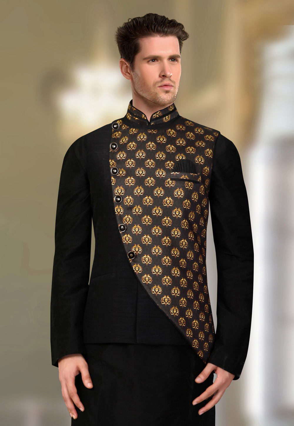 Black Silk Readymade Nehru Jacket 193817