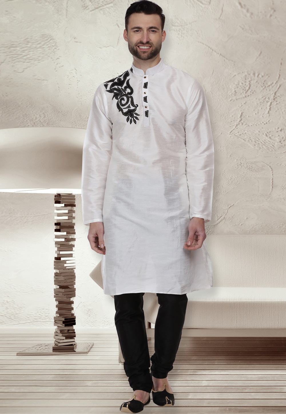 Off White Dupion Silk Readymade Kurta Pajama 160948