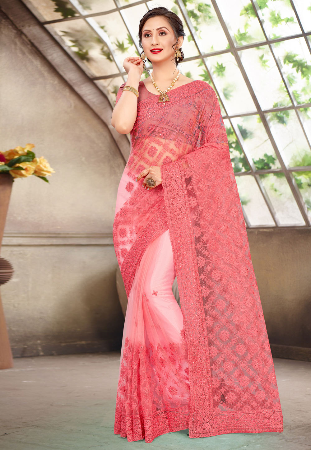 Pink Net Festival Wear Saree 228105