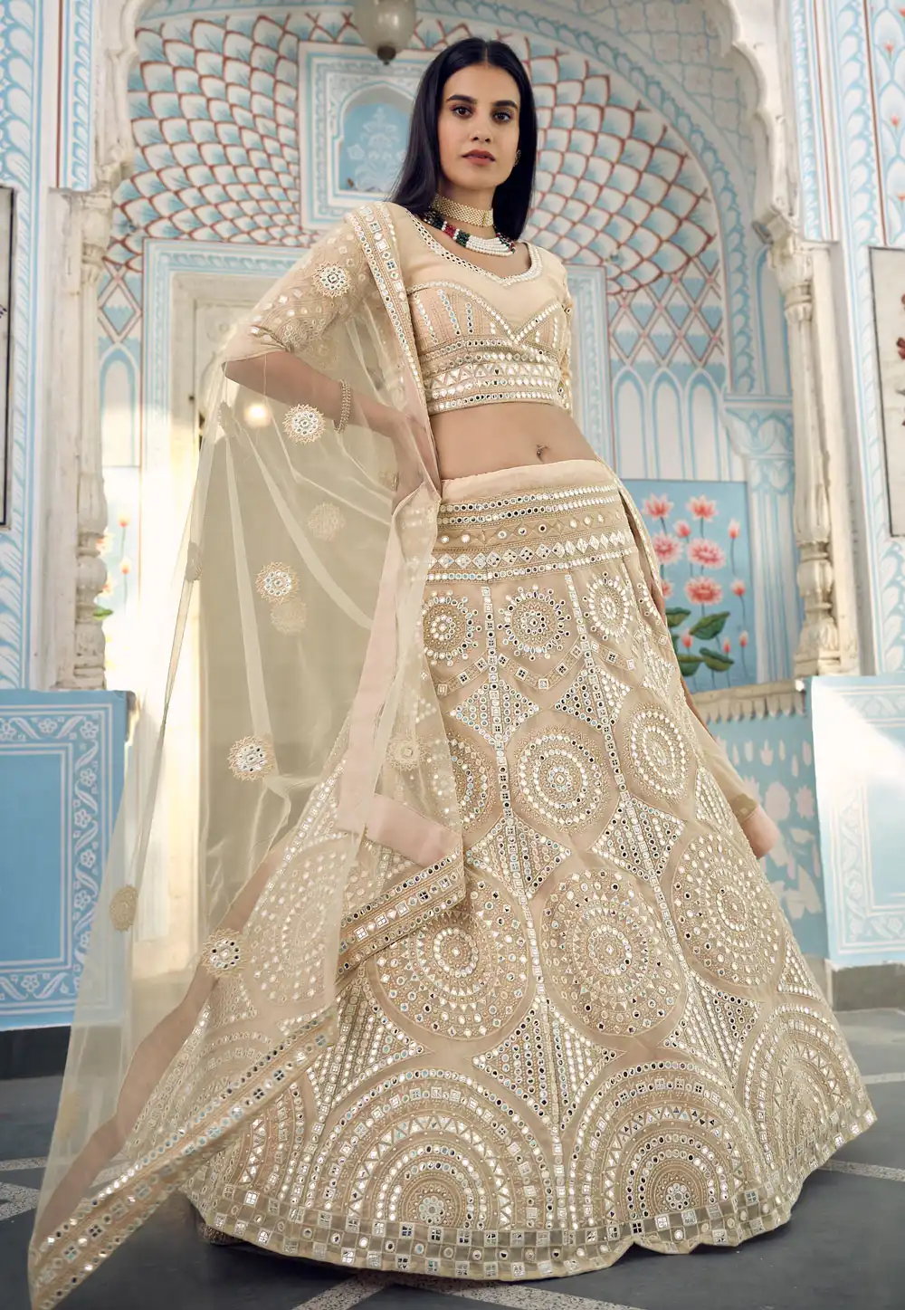 Beige Organza Circular Lehenga Choli 237304