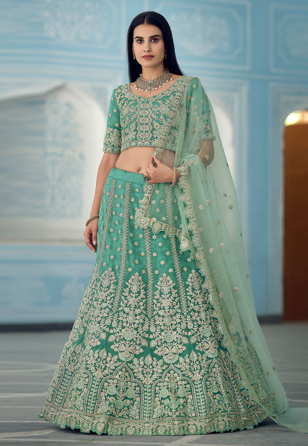 Sea Green Organza Circular Lehenga Choli 237306