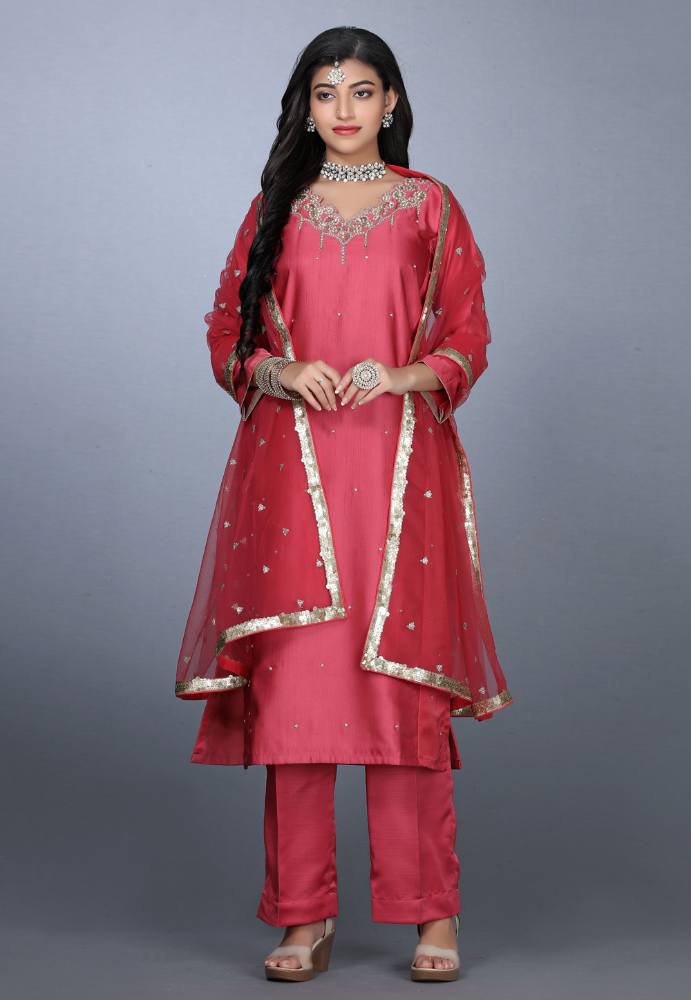 Maroon Art Silk Handwork Palazzo Suit 240156