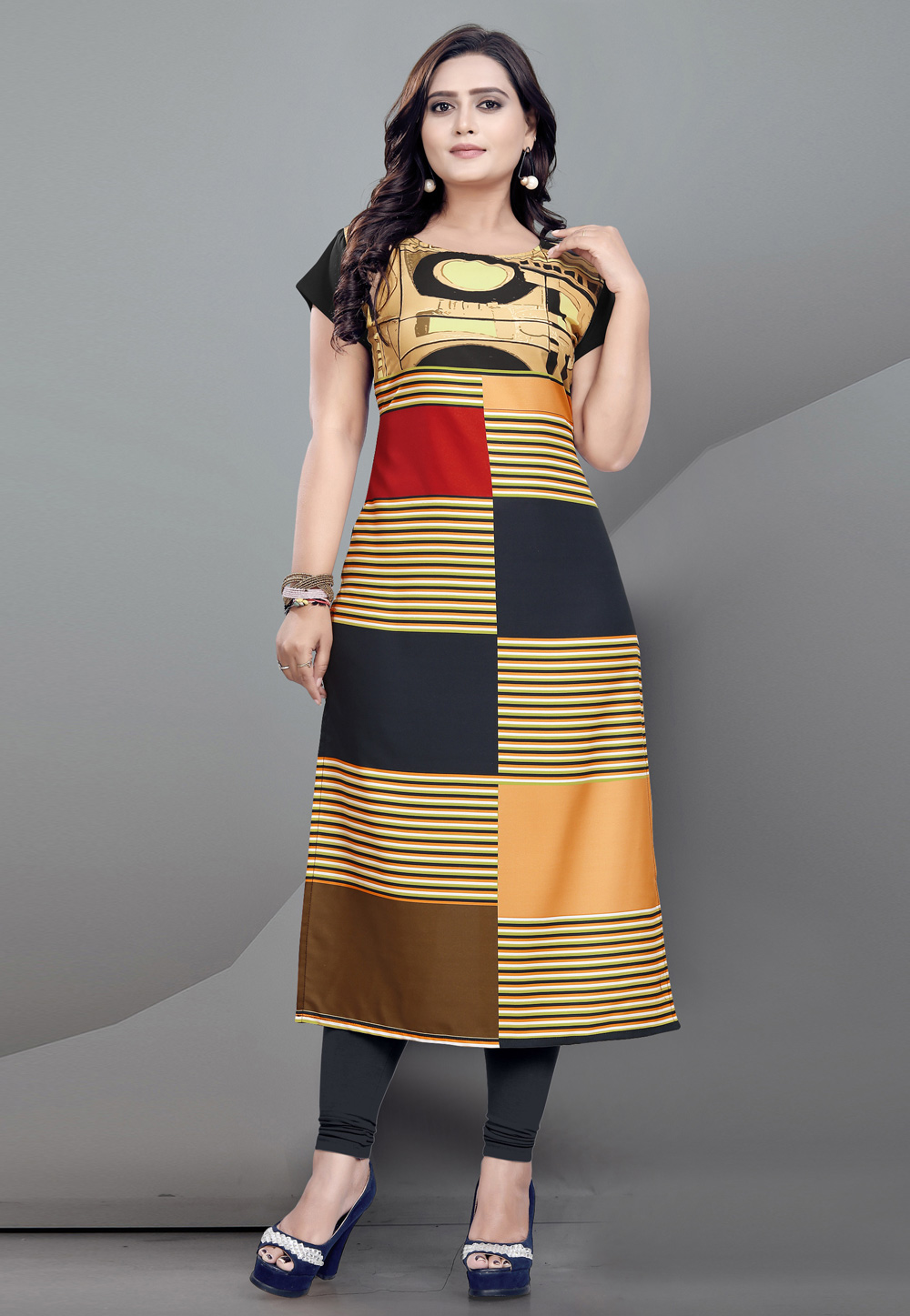 Beige Crepe Readymade Printed Kurti 195162