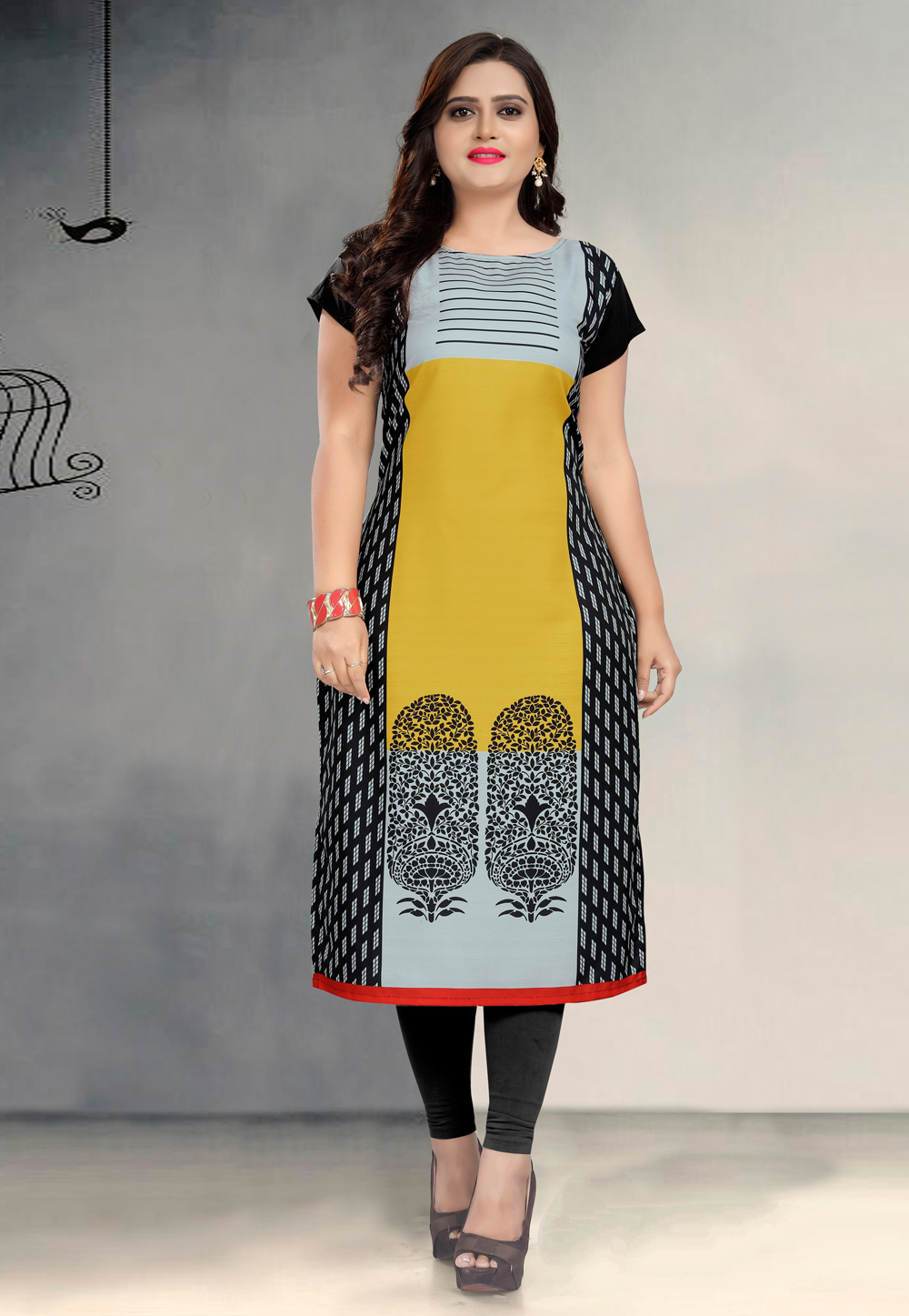 Yellow Crepe Readymade Printed Kurti 195170