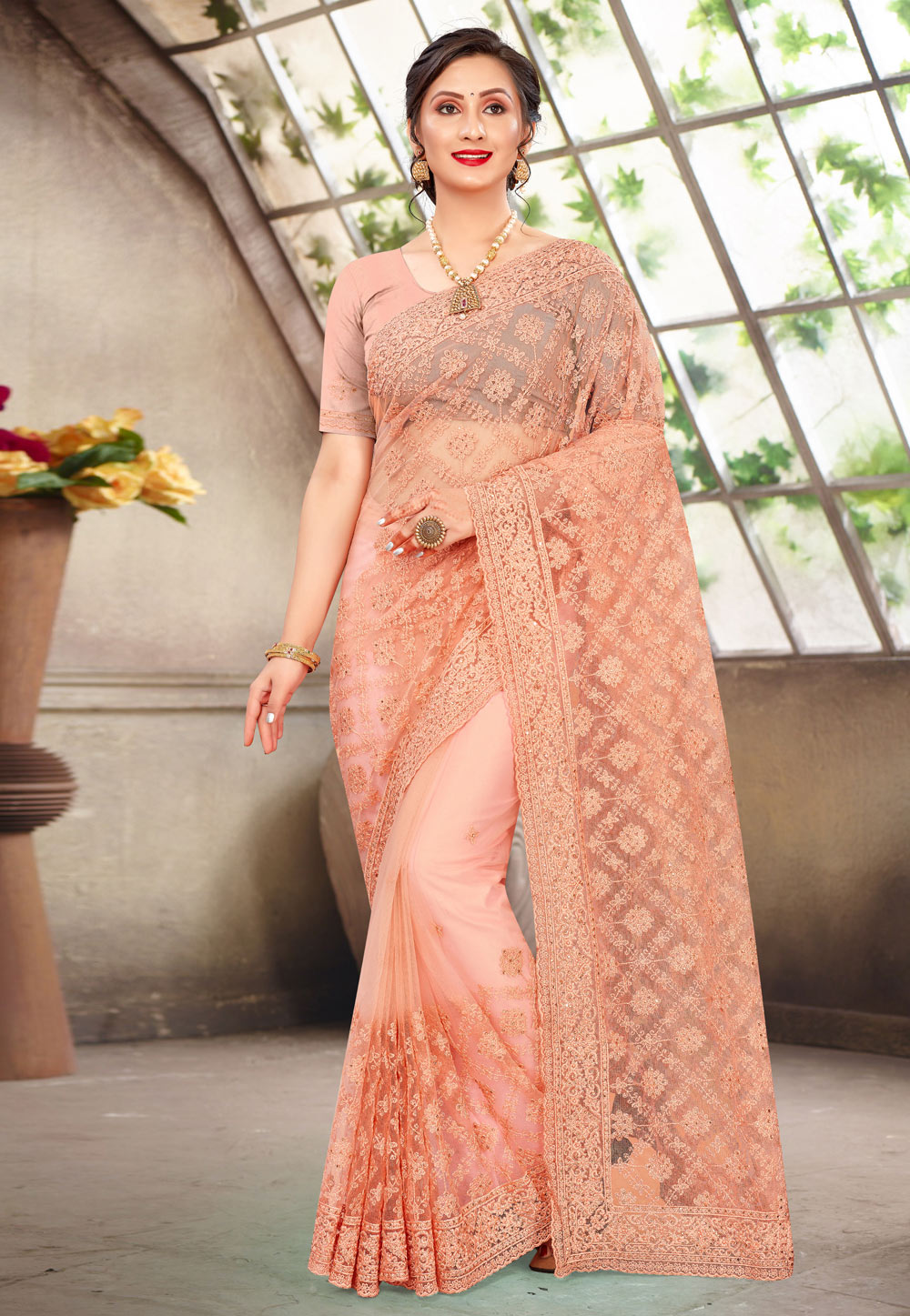Peach Net Festival Wear Saree 228107