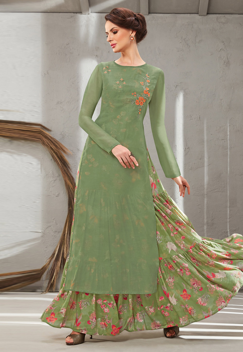 Green Cotton Silk Readymade Gown With Jacket 199648