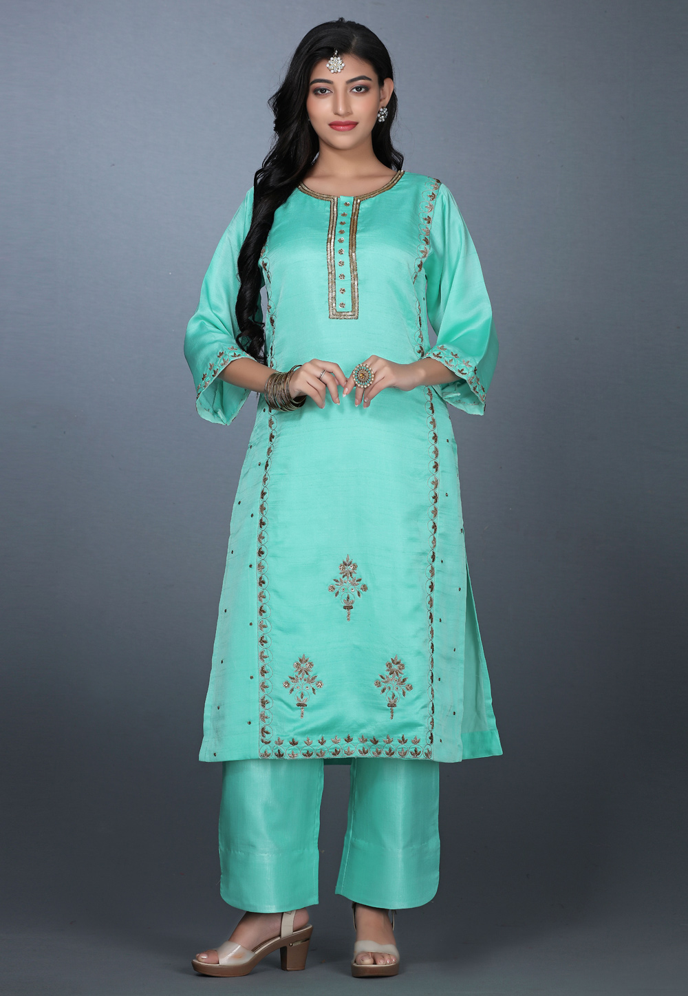 Aqua Art Silk Handwork Kameez With Palazzo 240157